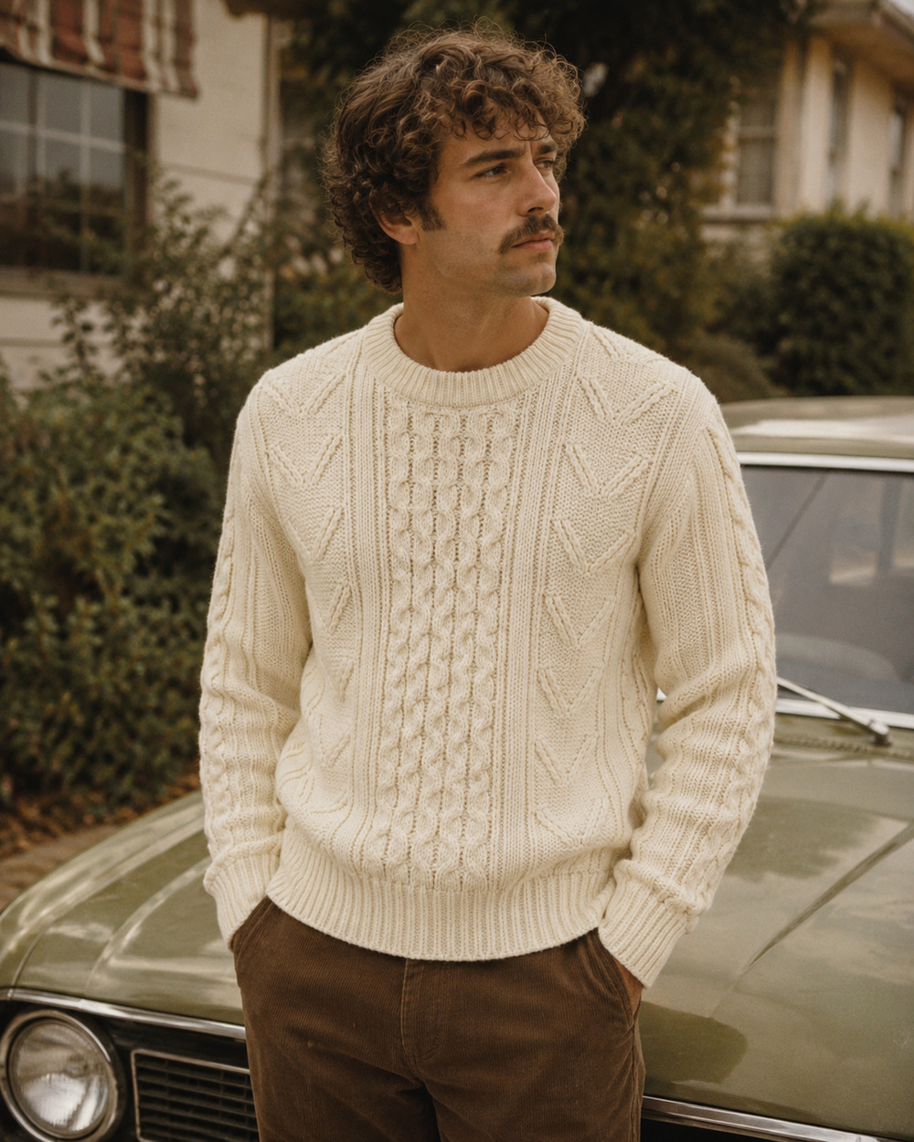 Vintage Sears Sweater Cable Knit Cream 70s 80s Classic Crew Neck Pullover Large